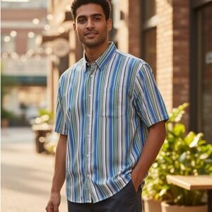 VTG Whatzup Mens Short Sleeve Button Up Shirt Multi Color Stripe Casual Size 3XL